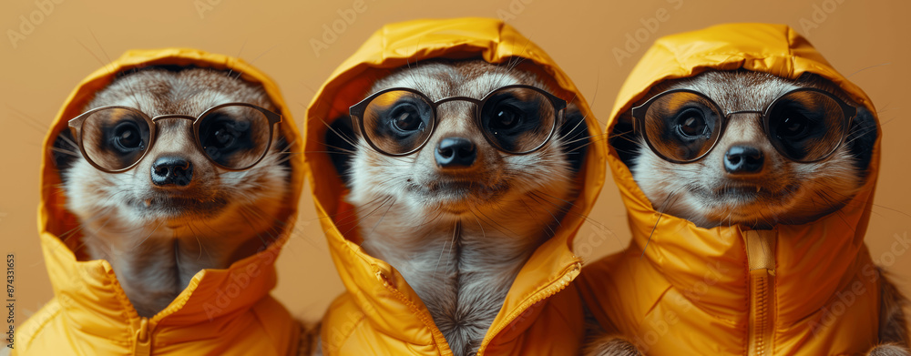 Fototapeta premium Funny Meerkats in Sunglasses and Hoodies on Solid Background Creative Animal Fashion Banner with Copy Space