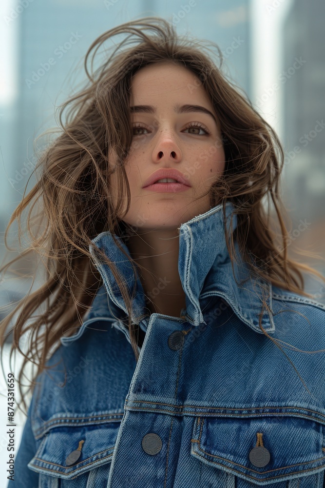 A striking close-up portrait of a young woman with flowing hair, wearing a denim jacket in an urban setting with blurred cityscapeportrait A striking close-up portrait of a young woman with flowing hair, wearing a denim jacket in an urban setting with blurred cityscapeportrait