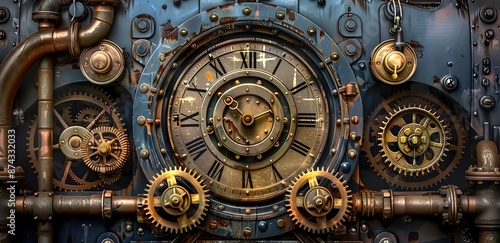 Illustration of part of a clock consisting of gears made of blue iron and yellow gold