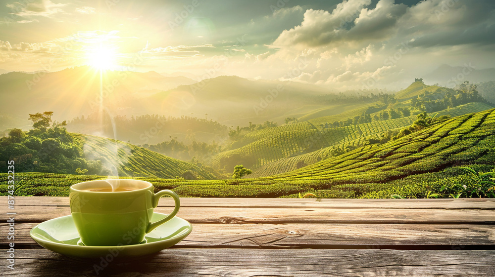 A cup of green tea on the wooden table at lush tea gardens. A cup of green tea on the wooden table at lush tea gardens.