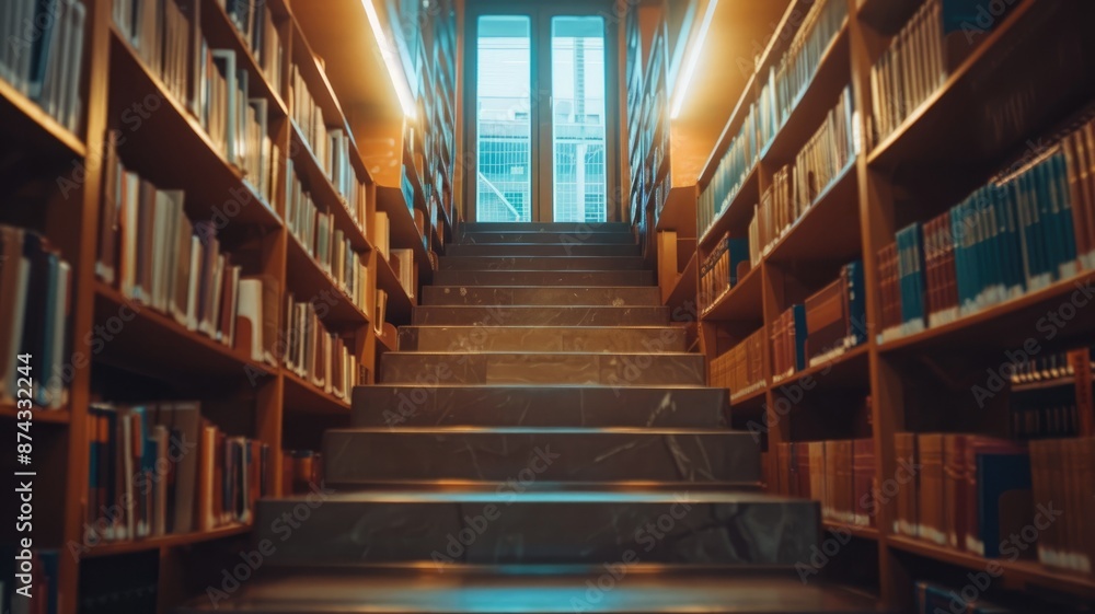 Marble stairs leading to brightly lit library with bookshelves on both sides Marble stairs leading to brightly lit library with bookshelves on both sides