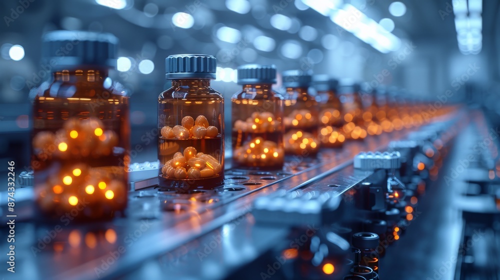 Close-up view of automated pharmaceutical production line with amber glass bottles filled with capsules, showcasing modern medicine manufacturing technology in a highly illuminated factory setting Close-up view of automated pharmaceutical production line with amber glass bottles filled with capsules, showcasing modern medicine manufacturing technology in a highly illuminated factory setting