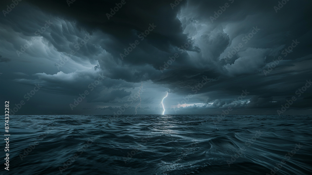 A dark stormy sea with lightning striking in the distance.