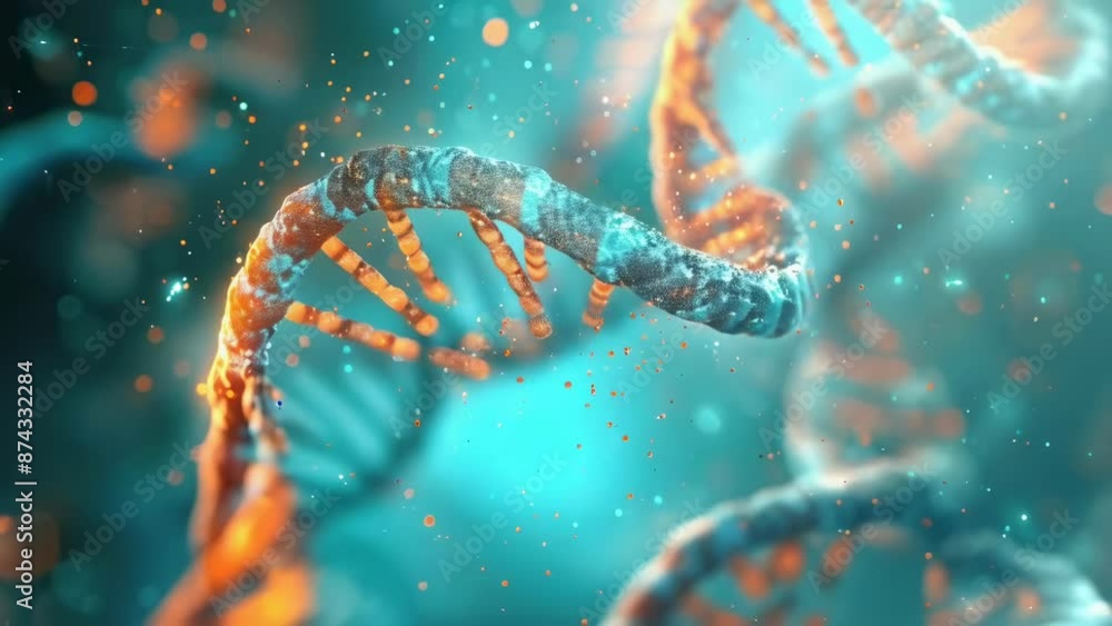 A close-up image of a DNA double helix with glowing orange strands and particles, set in a futuristic scientific environment. This high-tech atmosphere illuminates the complexities of genetic A close-up image of a DNA double helix with glowing orange strands and particles, set in a futuristic scientific environment. This high-tech atmosphere illuminates the complexities of genetic