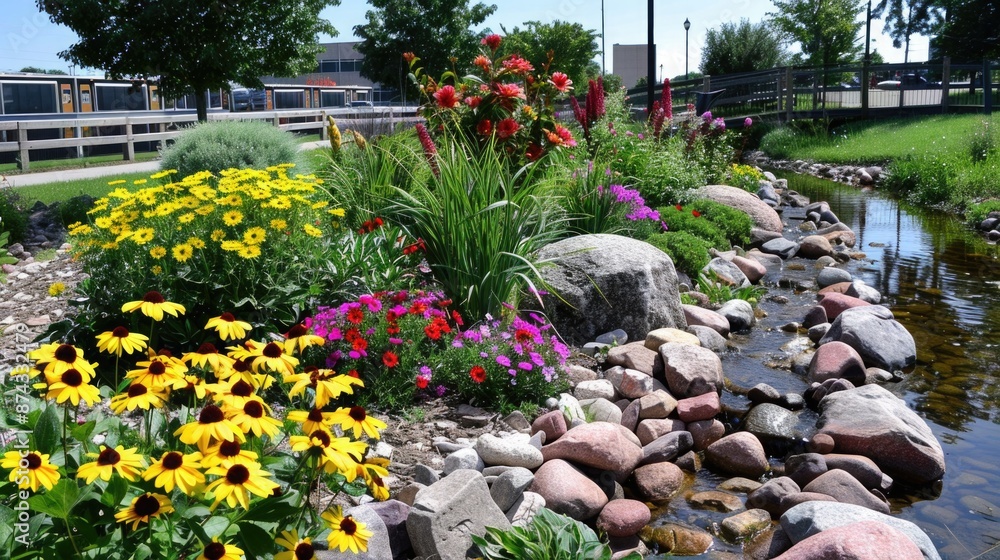 Rain Garden Filled with Native Plants for Capturing and Filtering Rainwater Showcasing Sustainable Landscaping Rain Garden Filled with Native Plants for Capturing and Filtering Rainwater Showcasing Sustainable Landscaping