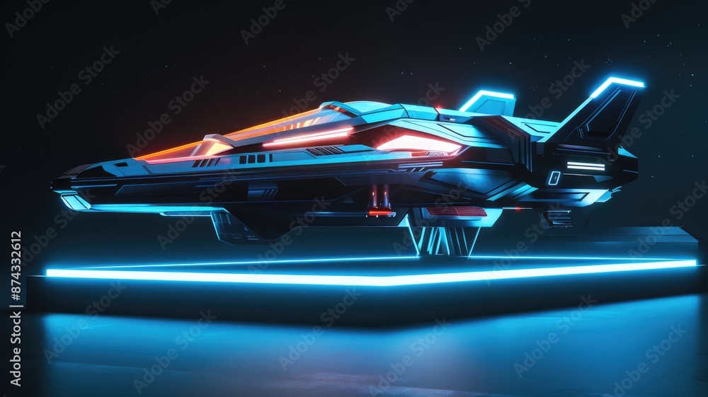 Naklejka premium Futuristic spaceship with neon lights on pedestal, in dark environment