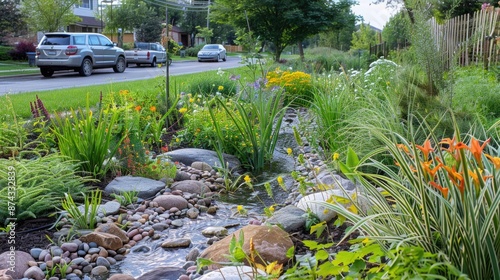 Rain Garden Filled with Native Plants for Capturing and Filtering Rainwater Showcasing Sustainable Landscaping photo