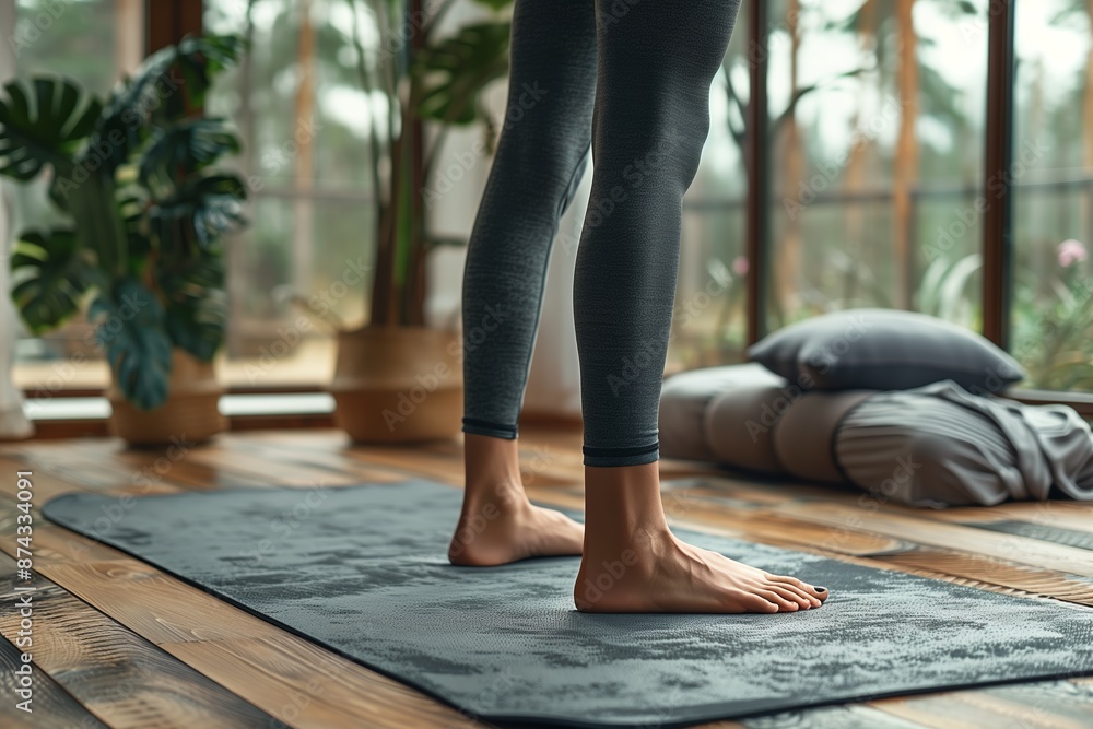 Woman Standing on Yoga Mat in Home Studio With Large Window Woman Standing on Yoga Mat in Home Studio With Large Window
