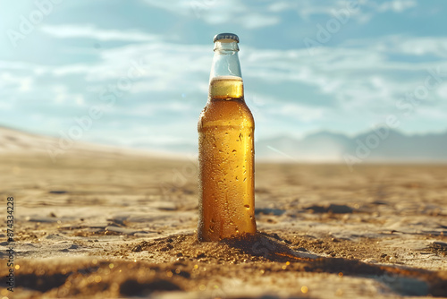 Botella de cerveza fría con gotitas en medio de un desierto. Generado con inteligencia artificial.