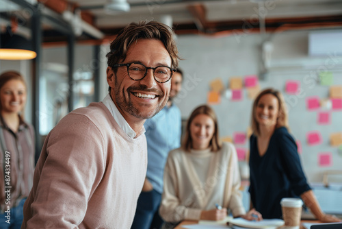 Smiling professional man with glasses in pink sweater at table during team project in office
