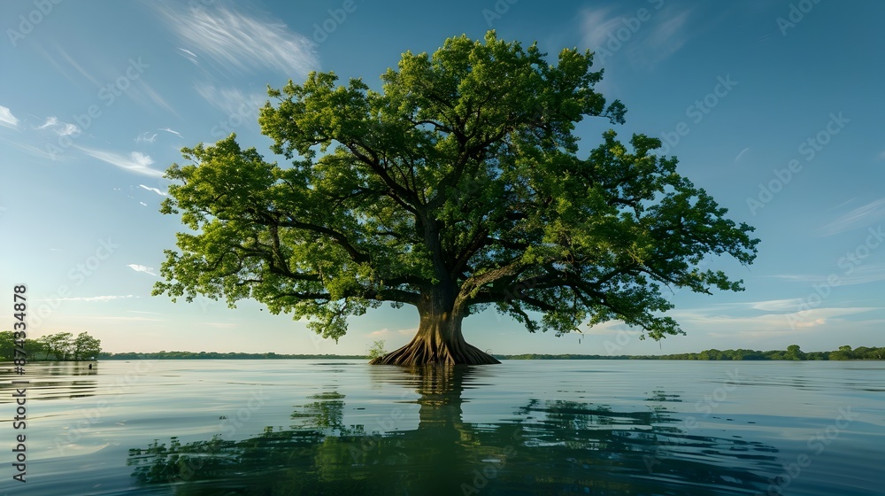 Majestic Tree Reflected in Serene Lakeside Setting Majestic Tree Reflected in Serene Lakeside Setting