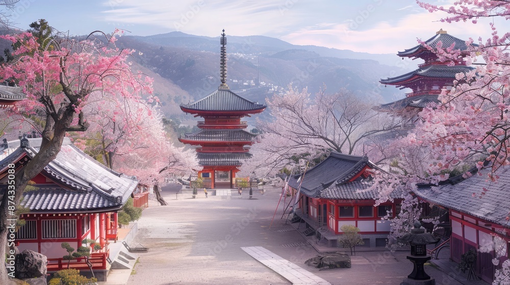Obraz premium A serene Japanese temple complex with traditional pagodas and cherry blossom trees in full bloom, creating a tranquil atmosphere.