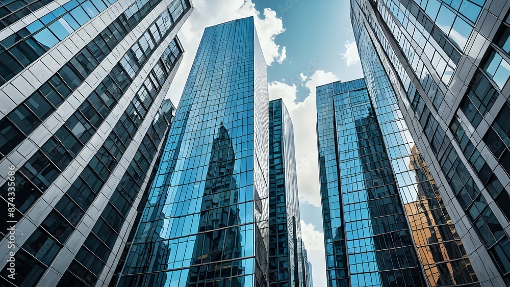 Fototapeta premium Modern skyscrapers with glass facades reflecting the sky.