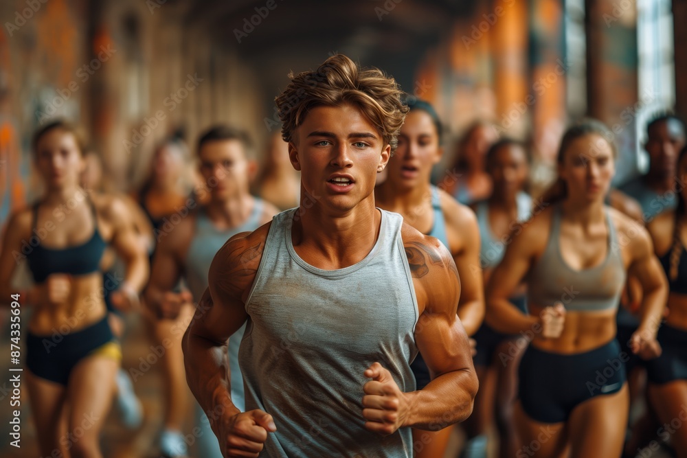 Young Man Leading a Group of Runners Through Urban Tunnel Young Man Leading a Group of Runners Through Urban Tunnel