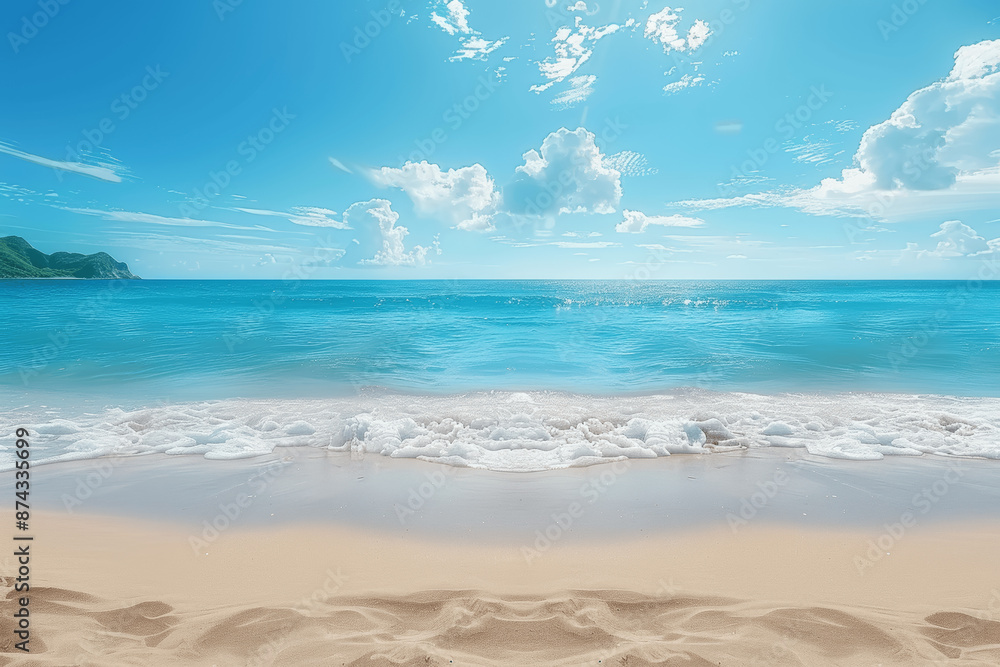 Fototapeta premium Tropical Beach with White Sand and Blue Ocean. Perfect Place for a Summer Vacation. White Sand Beach, Blue Sky, Crystal Clear Water, Beautiful Nature, and Relaxing Scenery