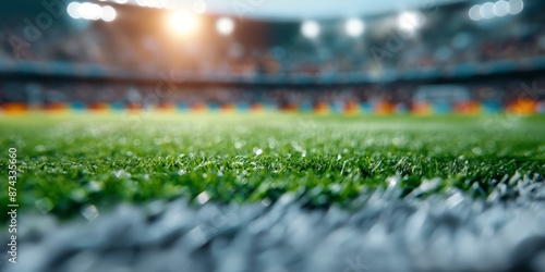 Close-up view of a beautifully lit soccer field with lush green grass, capturing the energy of a sports stadium on a game day.