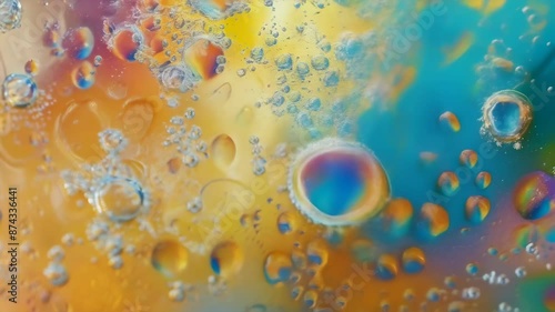 Wallpaper Mural This image captures a mesmerizing close-up of oil and water bubbles in a colorful liquid, creating an abstract pattern. Vibrant colors and diverse bubble sizes evoke a playful and artistic mood. Torontodigital.ca