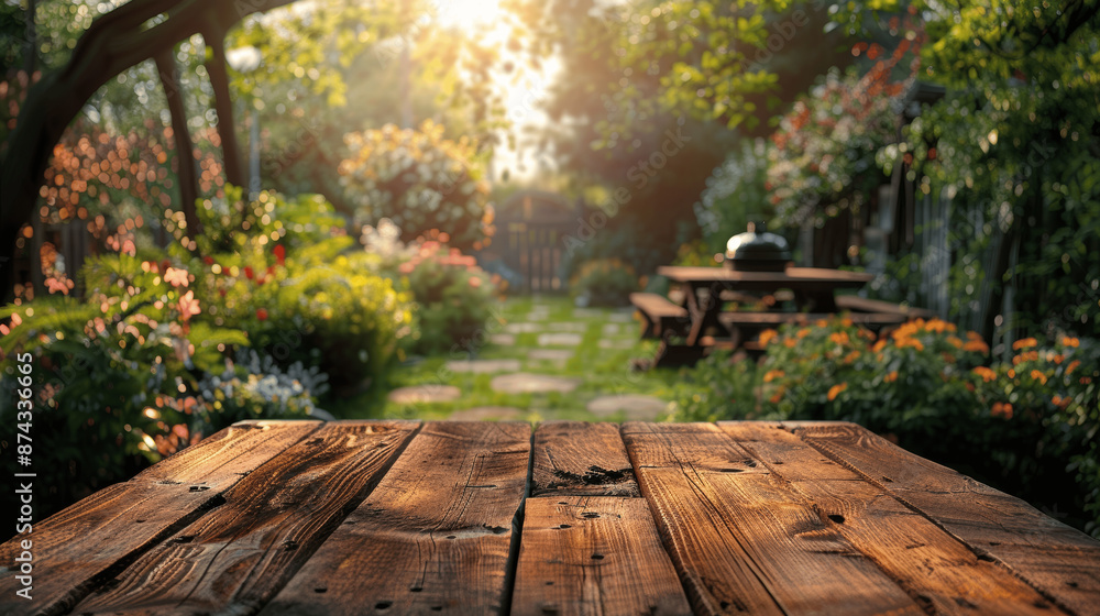 Wooden Table Top With Blurred Backyard Garden Barbecue Grill Perfect For Summer Picnic Product Display Wooden Table Top With Blurred Backyard Garden Barbecue Grill Perfect For Summer Picnic Product Display