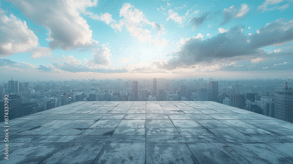 Concrete rooftop terrace with panoramic cityscape under blue sky with clouds Concrete rooftop terrace with panoramic cityscape under blue sky with clouds