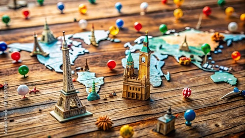 Fototapeta Naklejka Na Ścianę i Meble -  Vibrant map pins and playful souvenirs adorn a weathered wooden table, set against a stunning backdrop of iconic global landmarks and awe-inspiring travel destinations.