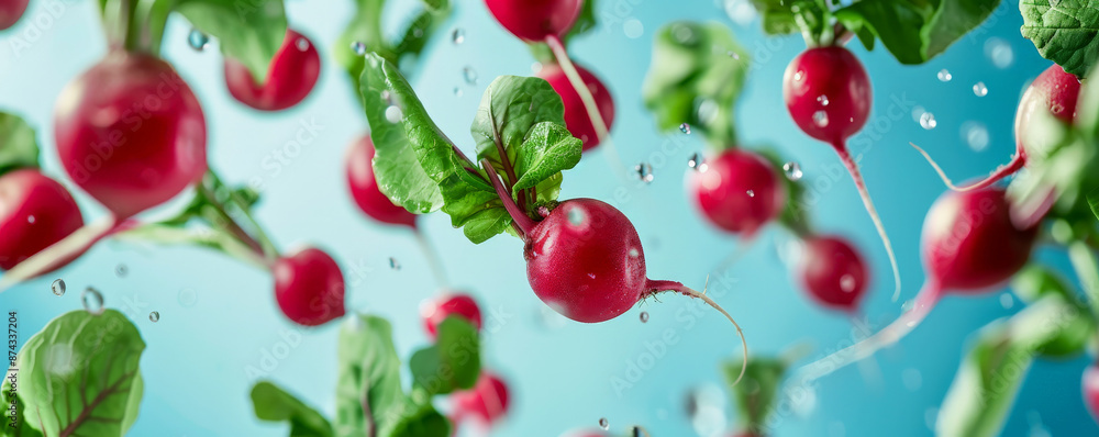 Bright, red radishes flying in mid-air, with green leaves attached, showcasing their spicy flavor and crunchy texture. Bright, red radishes flying in mid-air, with green leaves attached, showcasing their spicy flavor and crunchy texture.