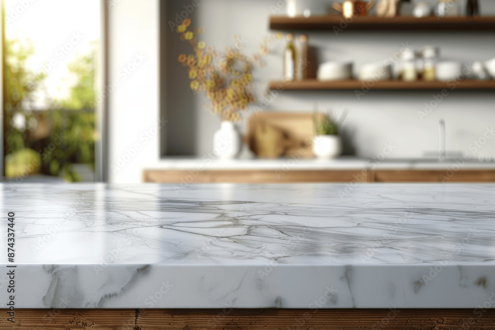 Close up of white marble countertop in modern kitchen with daylight, interior design background, perfect for product display Close up of white marble countertop in modern kitchen with daylight, interior design background, perfect for product display
