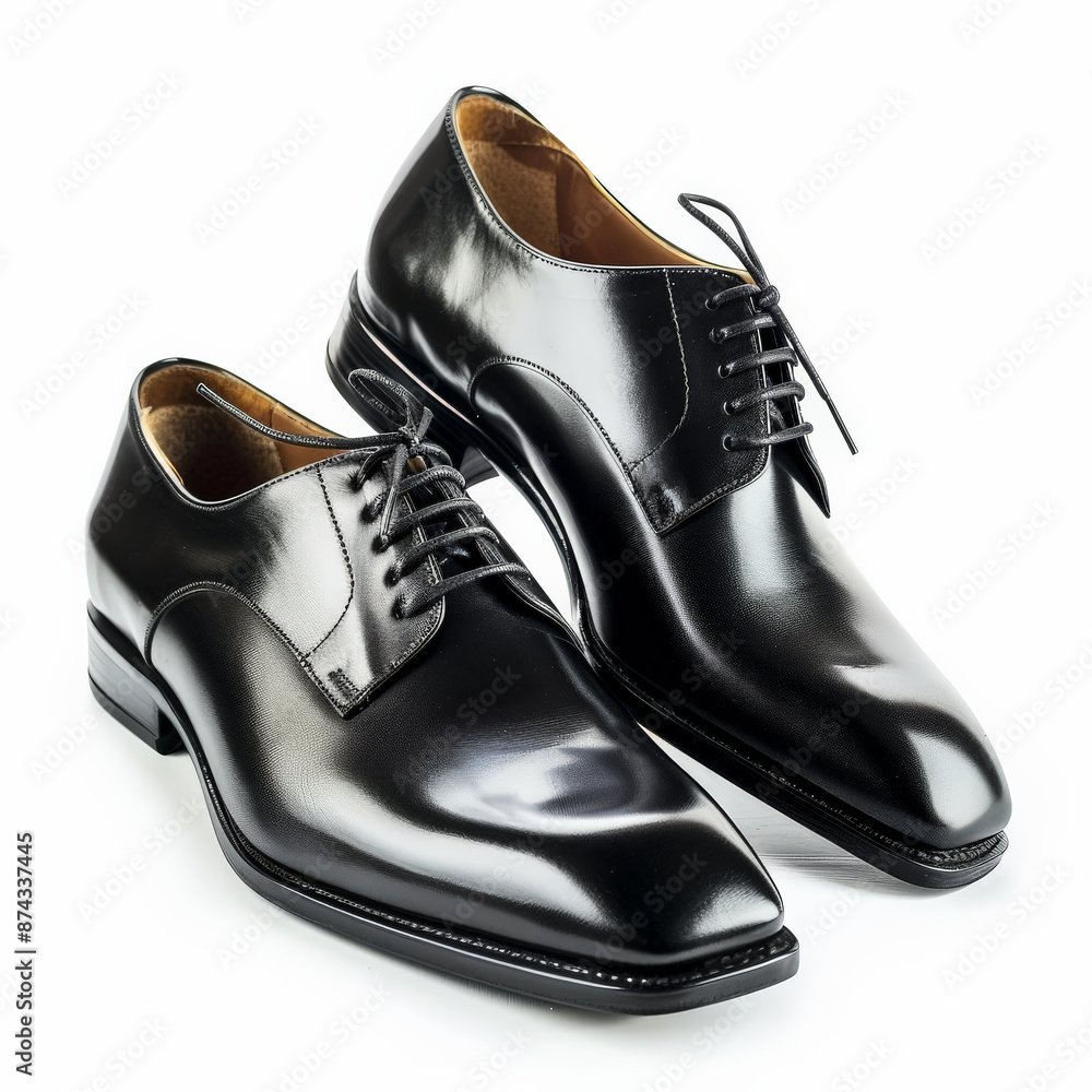 Classic black leather dress shoes with square toe design, isolated on white background.