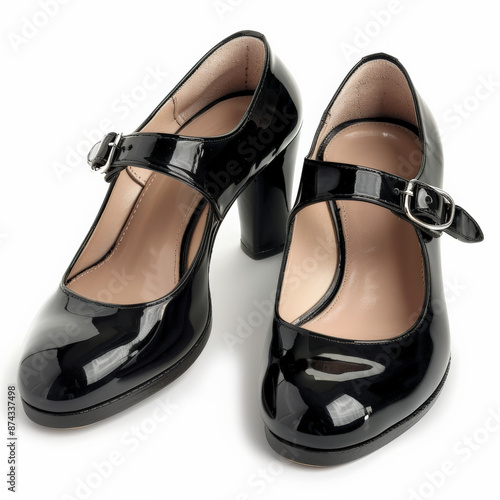 Classic black patent leather mary jane heels with a buckle strap, isolated on white background. photo