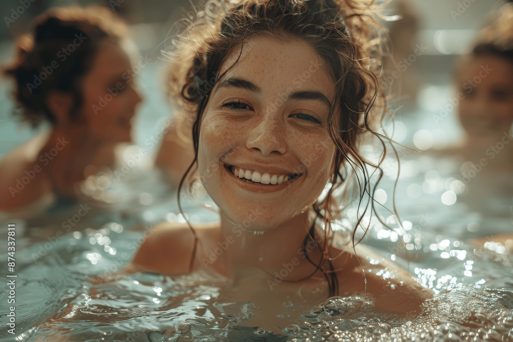 Happy senior women doing aqua fitness in a pool, enjoying retirement with joy and camaraderie, promoting active ageing and healthy living Happy senior women doing aqua fitness in a pool, enjoying retirement with joy and camaraderie, promoting active ageing and healthy living