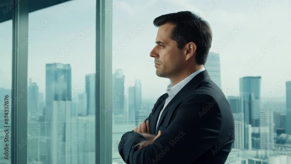 A confident businessman in a suit smiles outside a modern office building, reflecting on his successful career A confident businessman in a suit smiles outside a modern office building, reflecting on his successful career