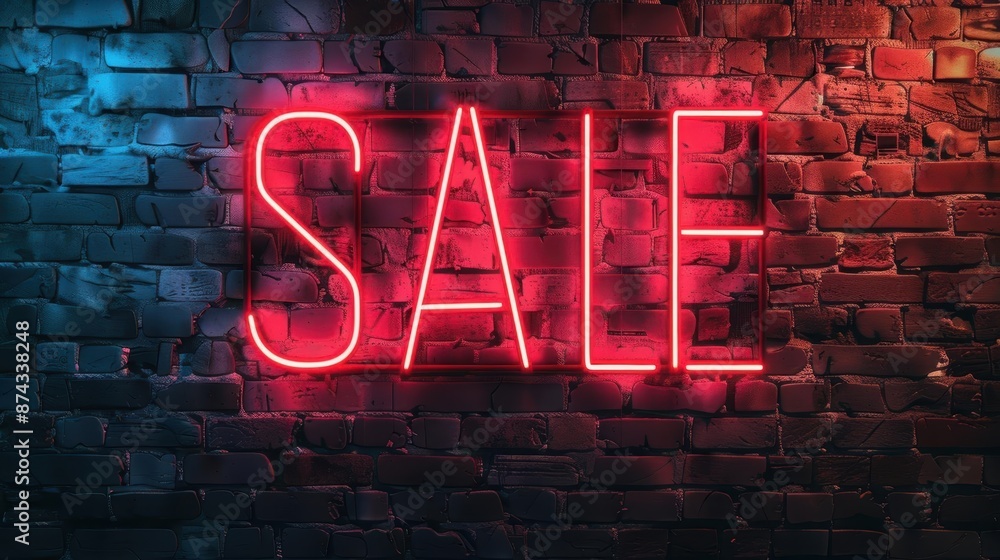 Neon Sale Sign on Brick Wall with Blue and Red Lighting Effect Neon Sale Sign on Brick Wall with Blue and Red Lighting Effect
