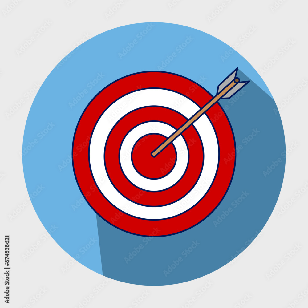 The concept of a target arrow in the middle shows perfect achievement or success. Marketing time concept. Targeting businesses. Red target and arrow, archery target and arrow, vector illustration. The concept of a target arrow in the middle shows perfect achievement or success. Marketing time concept. Targeting businesses. Red target and arrow, archery target and arrow, vector illustration.