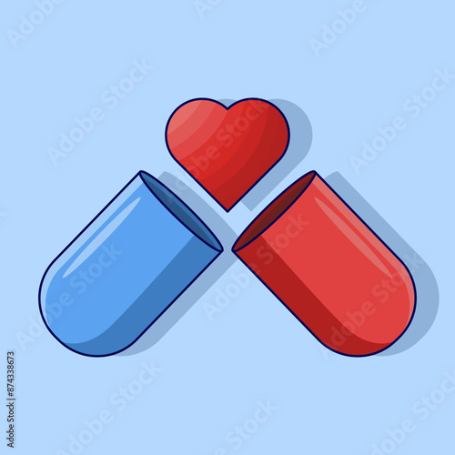 Capsule medicine concept, Open Capsule with Heart Symbol Vector Illustration. open pill capsule, pellets falling from capsule, pill composition, Medical Design Concept.
