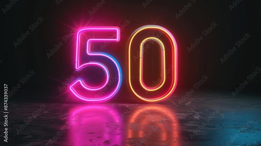 A vibrant neon sign reading 50 discount in digital art style, glowing brightly on a black background Isolated with ample copy space, perfect for promotional and advertising use A vibrant neon sign reading 50 discount in digital art style, glowing brightly on a black background Isolated with ample copy space, perfect for promotional and advertising use