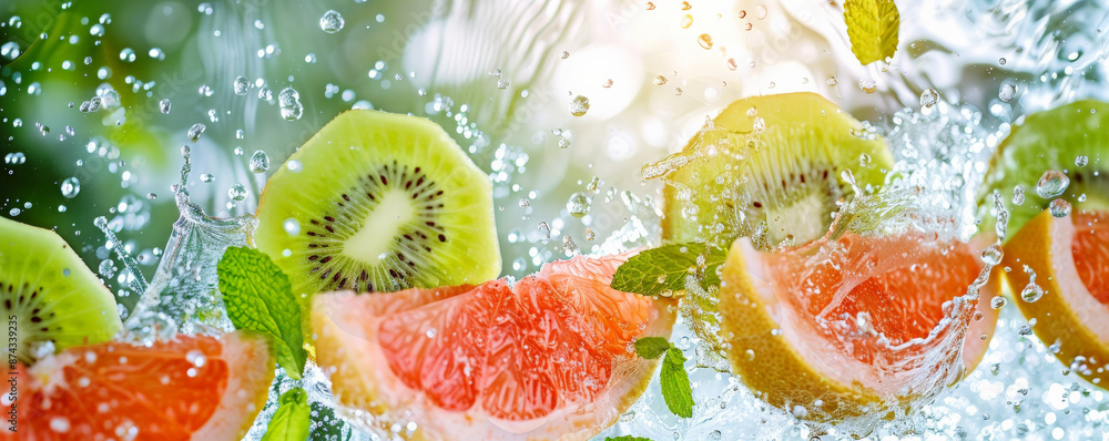 Fresh grapefruit wedges, kiwi slices, and mint leaves flying through the air with water splashes, set against a tropical background, creating a refreshing and exotic vibe. Fresh grapefruit wedges, kiwi slices, and mint leaves flying through the air with water splashes, set against a tropical background, creating a refreshing and exotic vibe.