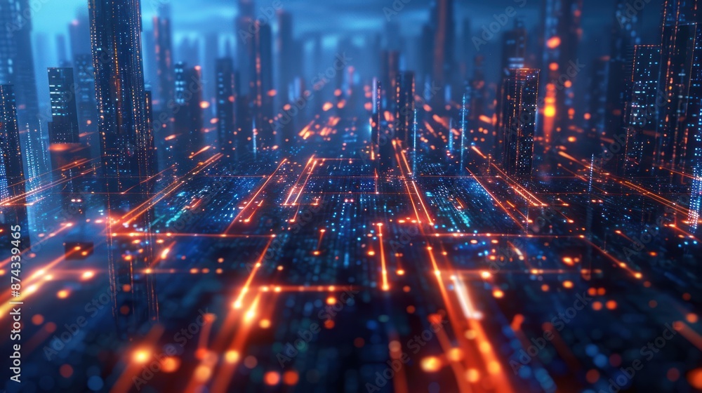 A digital rendering of a futuristic city at night with glowing orange and blue lights A digital rendering of a futuristic city at night with glowing orange and blue lights