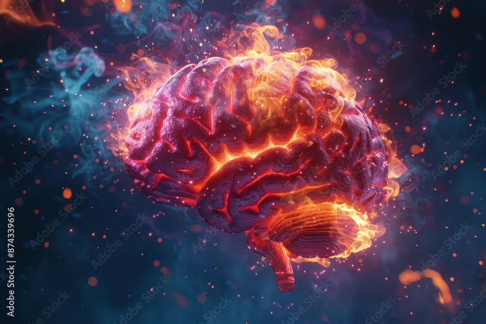 A digital illustration of a human brain engulfed in flames and smoke