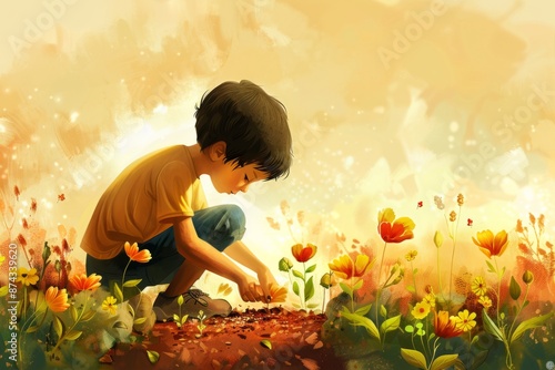 A child plants seeds in a small garden plot, nurturing future growth. The scene is filled with curiosity as they learn about nature and the wonders of gardening, regenerative instead of sustainable