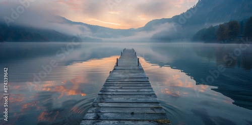 Foggy Mountain Lake Sunrise With Wooden Dock