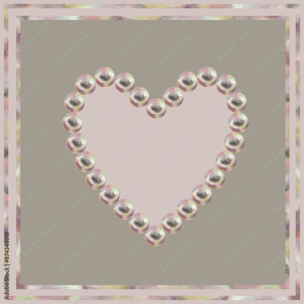 Obraz premium Template for a heart frame made of gray-beige pearls. Watercolor illustration in pastel palette with holographic for love gift, poster, postcard, greeting card for Valentine's, engagement, wedding