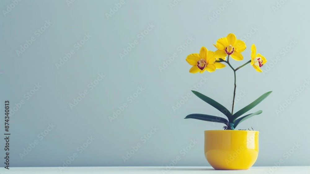 Yellow orchids in yellow pot against light gray background Yellow orchids in yellow pot against light gray background