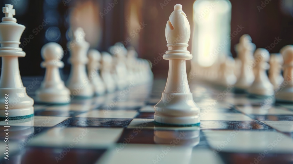 White chess pieces lined up on chessboard, focusing queen White chess pieces lined up on chessboard, focusing queen