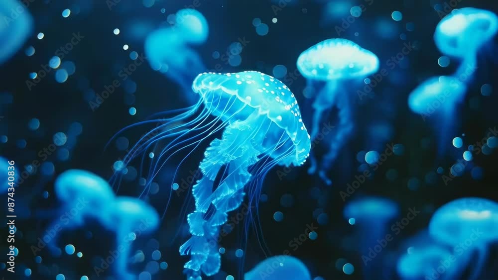 A mesmerizing scene of glowing blue jellyfish floating gracefully in ...