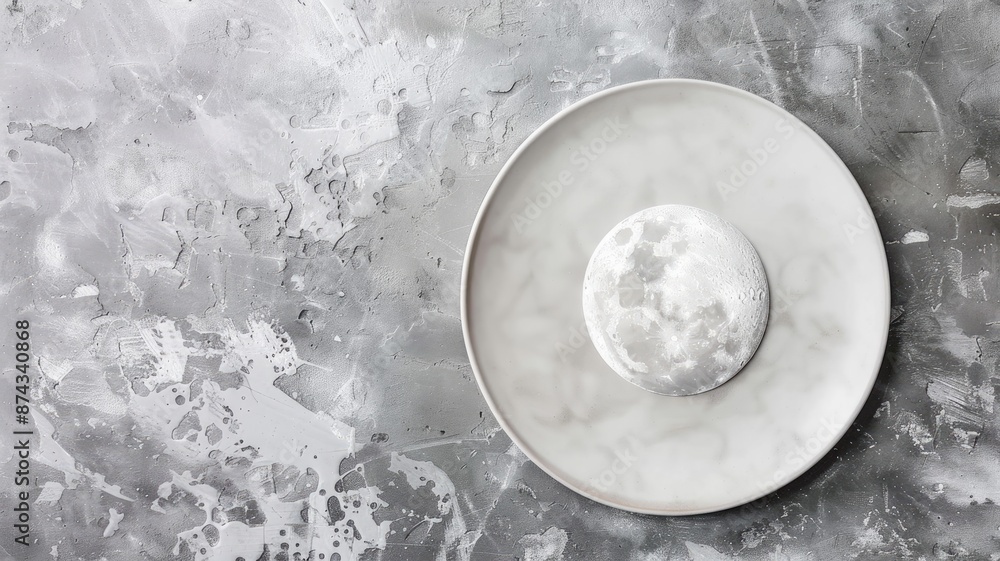 Moon-like sphere on plate against textured background Moon-like sphere on plate against textured background