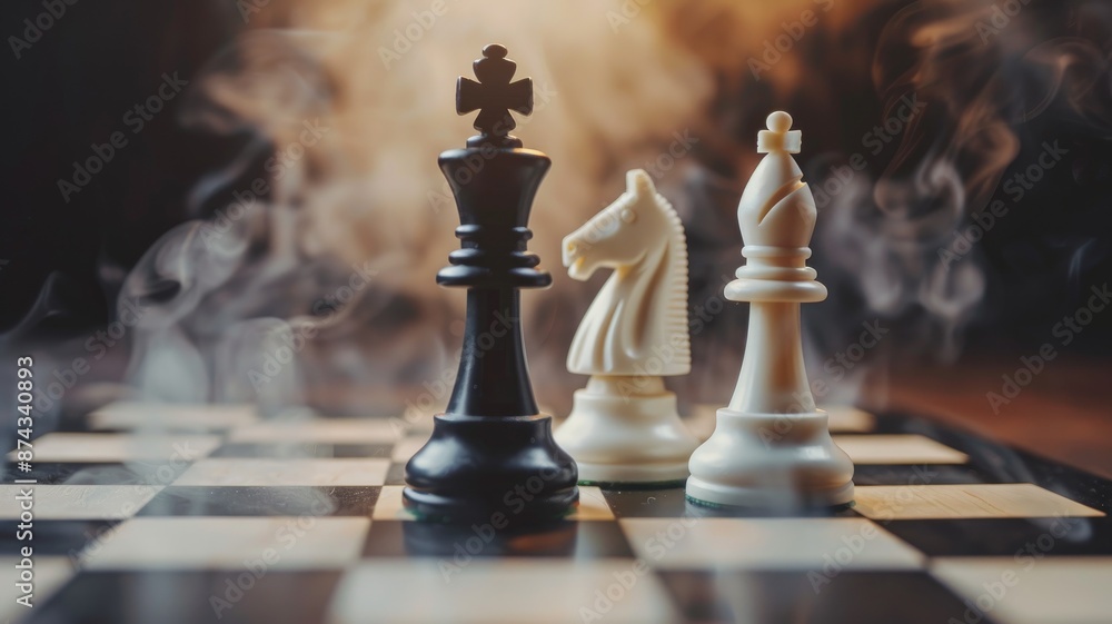 Close-up of chess pieces on board with smoky background Close-up of chess pieces on board with smoky background