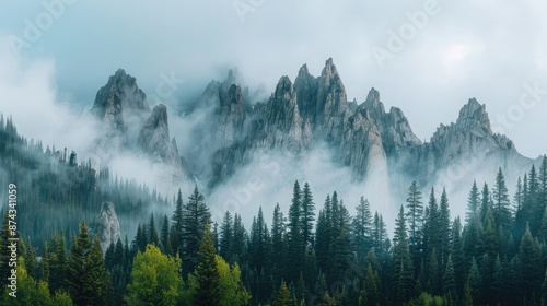 A serene mountain landscape with a range of jagged peaks and dense pine forests, blanketed in morning mist. © UMAR SALAM