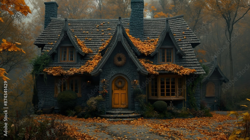 Fototapeta premium An Old House In A Gloomy Autumn Forest. Illustration on the theme of fairy tales, landscapes and architecture. Generative AI