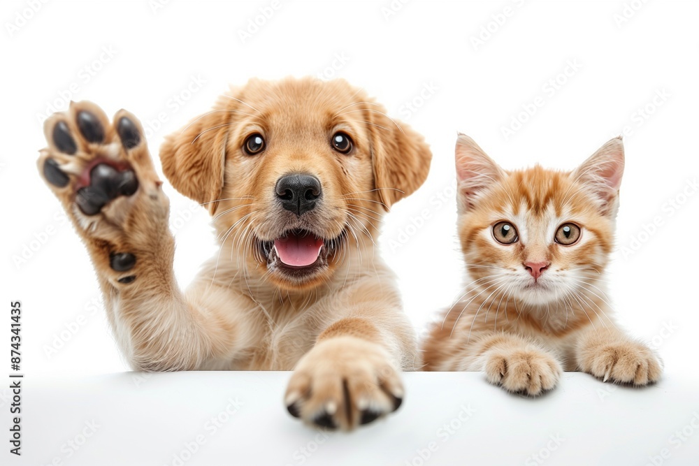 Portrait of an adorable puppy and kitten waving their paws Portrait of an adorable puppy and kitten waving their paws