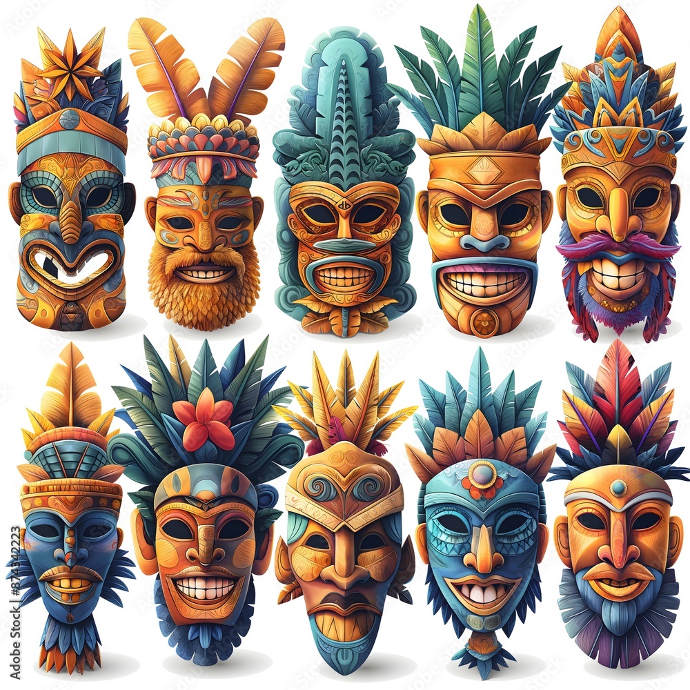 Masks Of The Peoples Of The World. Illustration On The Theme Of Civilizations And Computer Games, History And Archaeology. Generative AI Masks Of The Peoples Of The World. Illustration On The Theme Of Civilizations And Computer Games, History And Archaeology. Generative AI