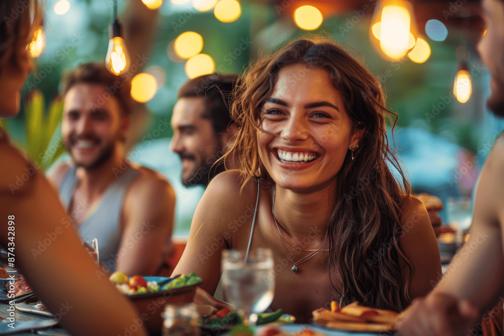 Group of friends enjoying dinner and drinks at an outdoor summer restaurant, laughing and having fun with cheerful conversations, blurred garden lights in the background Group of friends enjoying dinner and drinks at an outdoor summer restaurant, laughing and having fun with cheerful conversations, blurred garden lights in the background